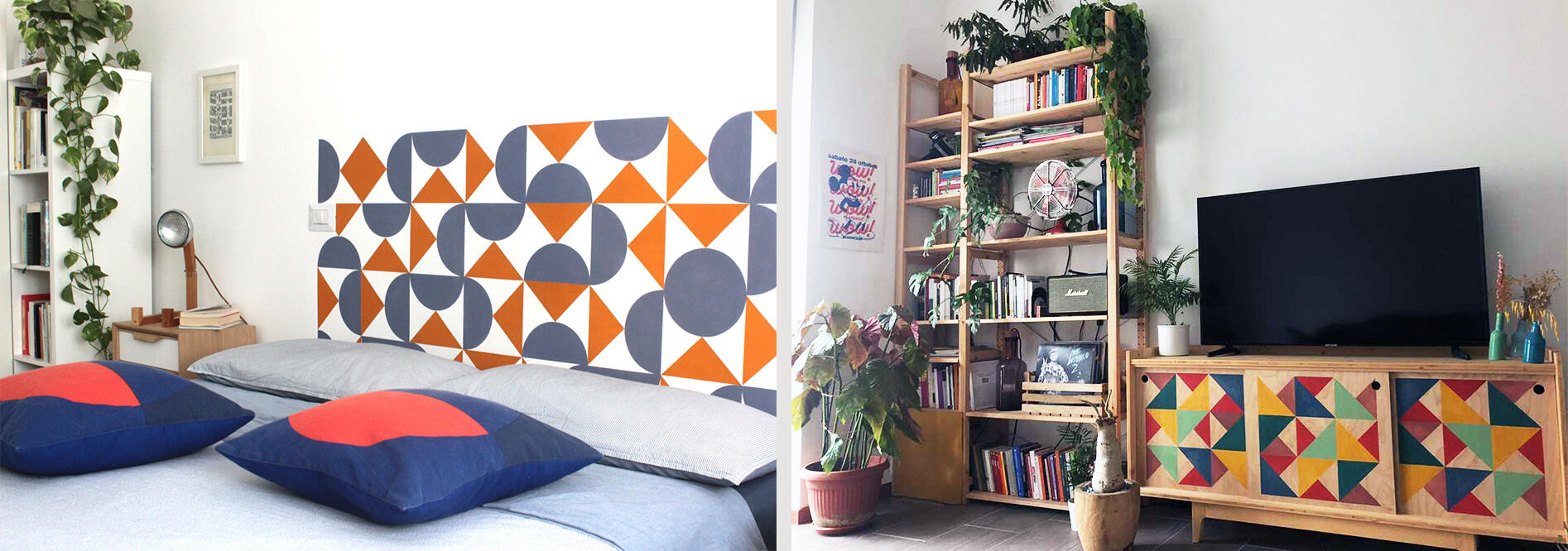 Beabarcas - Decorazioni testata del letto decorata a mano su parete e mobile in legno personalizzato con motivo geometrico dipinto a mano